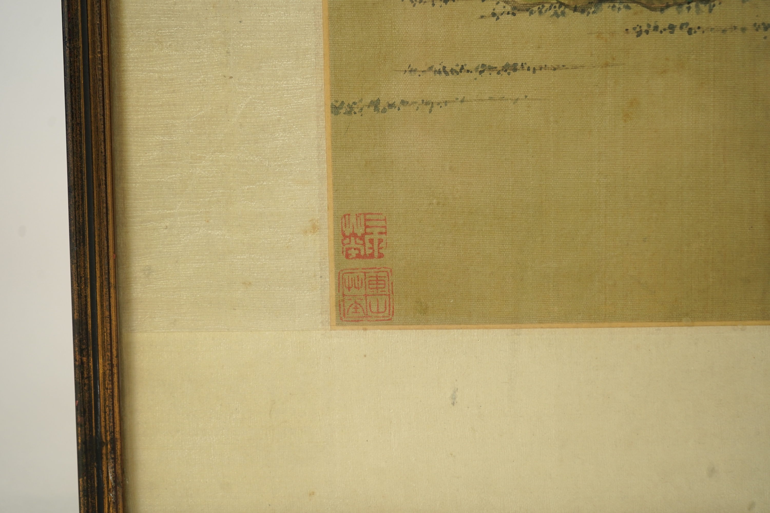 Chinese School , (late 19th century), Immortals in a landscape, Ink and colour on silk, 114.5cm x 40.5cm, excluding brocade border